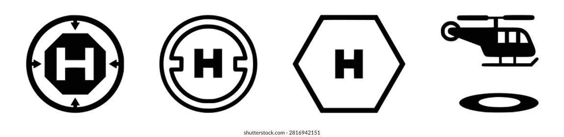 Set of modern helicopter landing zone markers and a simple rotorcraft graphic. Essential for aviation and transport graphics business presentations safety signage.