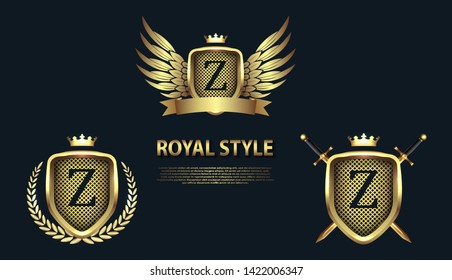 Set of modern heraldic shields with crowns and initial letter Z isolated on black background. 3D letter monogram different shapes in golden style. Design elements for logo, label, emblem, sign, icon.