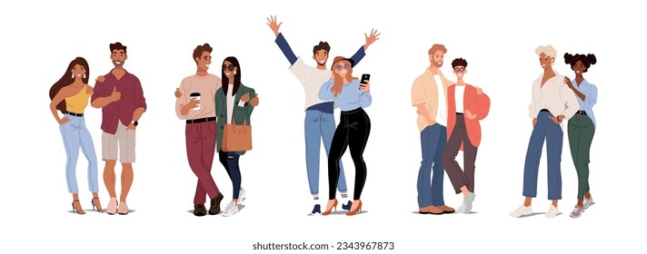 Set of modern heterosexual couples, colleagues, friends. Groups of young students, people in love. The concept of relationships and dating. Flat vector cartoon illustration isolated on white