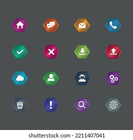 Hermoso conjunto de elegantes botones Ui de forma hexágono diseño de iconos. Conjunto de botones modernos y coloridos de formas hexágonas para la web y conjunto de 16 botones ui.Ilustración vectorial de símbolo de botón web aislado.