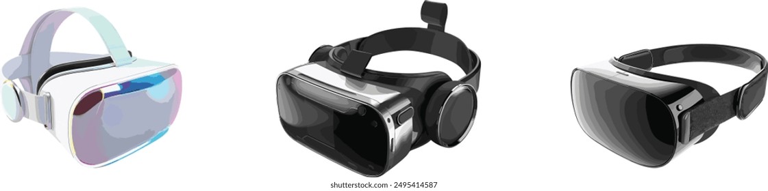 Set von modernen High Tech VR Virtual Reality Headset Brillen und Controller, Concept Icons auf transparentem Hintergrund isoliert.