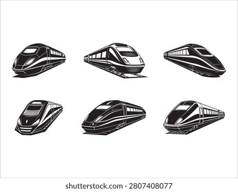 Set of modern highspeed train designs in black and white illustrations