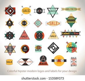 Set of modern hipster colored labels, stamps, signs, marks and calligraphy, text and stickers