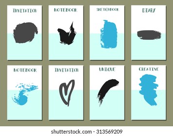 Set of  Modern Hipster Trendy  hand drawn Card. Made with Ink. Business Creative Contemporary Design. Templates For Placards, Posters, Flyers, Diary, Notebook, Invitation and Banner Designs.