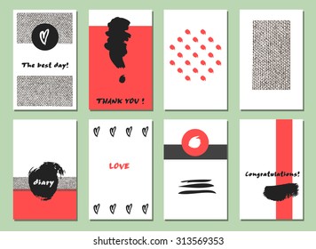 Set of  Modern Hipster Trendy  hand drawn Card. Made with Ink. Business Creative Contemporary Design. Templates For Placards, Posters, Flyers, Diary, Notebook, Invitation and Banner Designs.