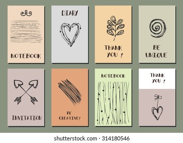 Set of  Modern Hipster Trendy  hand drawn Card. Made with Ink. Business Creative Contemporary Design. Templates For Placards, Posters, Flyers, Diary, Notebook, Invitation and Banner Designs.