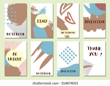Set of  Modern Hipster Trendy  hand drawn Card. Made with Ink. Business Creative Contemporary Design. Templates For Placards, Posters, Flyers, Diary, Notebook, Invitation and Banner Designs.