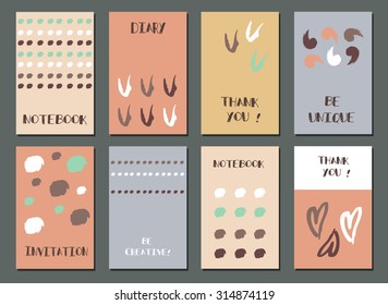 Set of  Modern Hipster Trendy  hand drawn Card. Made with Ink. Business Creative Contemporary Design. Templates For Placards, Posters, Flyers, Diary, Notebook, Invitation and Banner Designs.