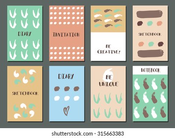 Set of  Modern Hipster Trendy  hand drawn Card. Made with Ink. Business Creative Contemporary Design. Templates For Placards, Posters, Flyers, Diary, Notebook, Invitation and Banner Designs.