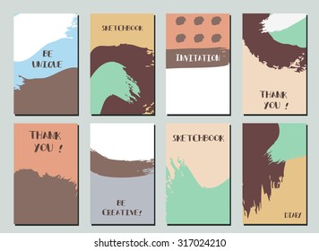 Set of  Modern Hipster Trendy  hand drawn Card. Made with Ink. Business Creative Contemporary Design. Templates For Placards, Posters, Flyers, Diary, Notebook, Invitation and Banner Designs.