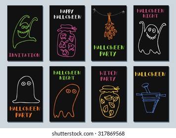 Set of  Modern Hipster Trendy  hand drawn Card. Halloween. Made with Ink.  Creative Grunge Contemporary Design. Templates For Placards, Posters, Flyers, Party, Invitation. Halloween series