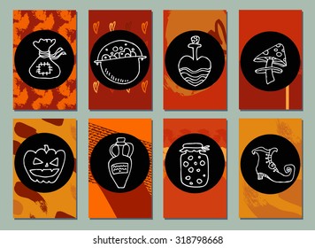 Set of  Modern Hipster Trendy  hand drawn Card. Halloween. Made with Ink.  Creative Grunge Contemporary Design. Templates For Placards, Posters, Flyers, Party, Invitation. Halloween series