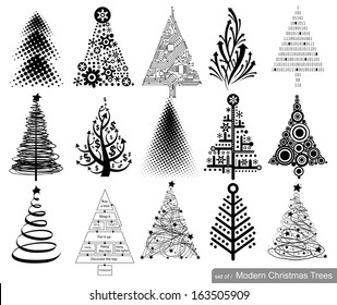 Set of Modern hi-tech Christmas Trees. 15 designs in one file. 