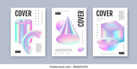 Set of Modern holographic covers with 3D geometric fllow abstract shapes.  Vector illustration