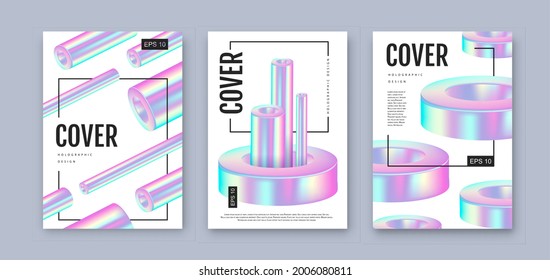 Set of Modern holographic covers with 3D geometric fllow abstract shapes.  Vector illustration