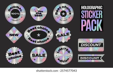 Set of modern holographic sticker, label templates. Shiny rainbow emblem Original, Limited Edition, New, Sale, Best choice. Vector illustration	