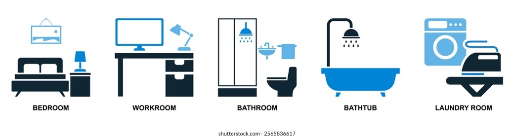 Set of Modern Home Interior Room Icons, Bedroom and Workroom, Bathroom and Bathtub, and Laundry Room. Minimalist Vector Design Elements for Residential Living Spaces, Household Themes, and Decoration.