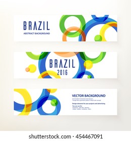 Set of modern horizontal vector banners. Circular ornament, geometric pattern in Brazil color concept. Design elements for your advertising. Concept brochure, web site, flyer, banner, ticket