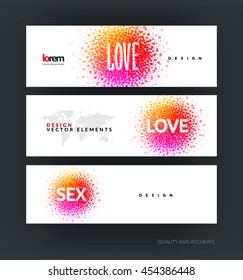 Set of modern horizontal website banners with red love design for greeting card template with hearts, particles and explosion effect for party celebration. Web headers. Creative corporate vector.
