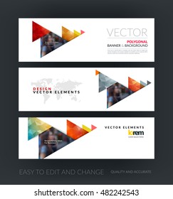 Set of modern horizontal website banners with red moving triangles, arrows for business, technology and construction. Web headers. Creative corporate vector.