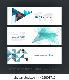 Set of modern horizontal website banners with green polygonal triangles, 3d mesh polygons, rounds, lines for business, technology and hi-tech. Web headers. Creative corporate vector for internet.
