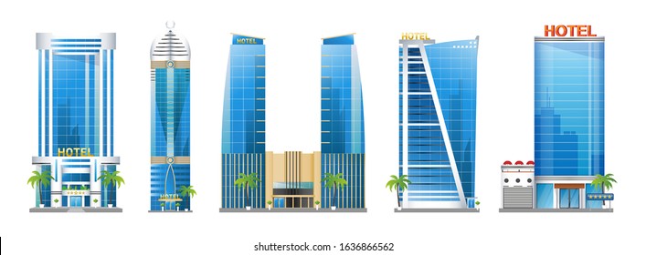 Set of modern hotel buildings, skyscraper towers with palm trees, architecture constructions, urban landscape of Doha Qatar, vector illustration isolated on white background