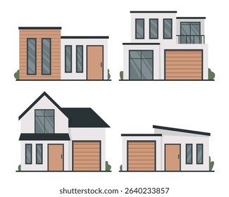 set of modern house illustrations in minimalist style, minimalist Residential Houses simple compose windows and sleek, real estate, design, and architectural projects vector flat