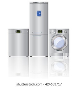 Set of modern household appliances. Refrigerator, dishwasher, washing machine. Silver. Reflection. Vector Image.
