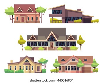 Set of modern houses and architecture, residential house with green tree illustration