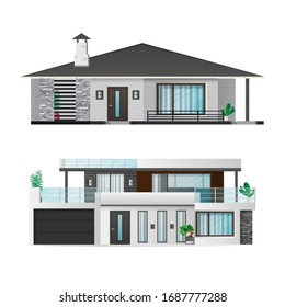 Set of Modern houses, cottage, town house with shadows. Architectural visualization of the cottage outside. Realistic vector illustration.