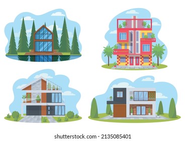 Set Of Modern Houses Decorated With Wood, Stone, Tile. Contemporary Scandinavian House Exterior. Barn Lake House. Duplex Apartment. Vector Illustration, Isolated. Icon, Simbol, Object, Background