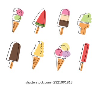 Set of modern ice creams in line art style. Line drawing of popsicle and ice cream icons. Vector cartoon illustration on white background