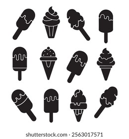 A set of modern ice-creams silhouettes black vector art illustration