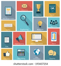 Conjunto de iconos modernos en diseño plano con largas sombras y colores de moda para web, aplicaciones móviles, marketing digital, consalting, redes sociales, planificación, etc. Ilustración Vector eps10