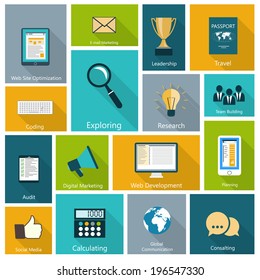 Conjunto de iconos modernos en diseño plano con largas sombras y colores de moda para web, aplicaciones móviles, marketing digital, consalting, redes sociales, planificación, etc. Ilustración Vector eps10
