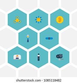 Set of modern icons flat style symbols with spinner, big data, video blogger and other icons for your web mobile app logo design.