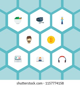 Set of modern icons flat style symbols with selfie, crypto currency, video blogger and other icons for your web mobile app logo design.