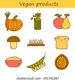 Set of modern icons in hand drawn style on vegan food theme: fruit, vegetable, mushroom, soy, bean, oil, nut, bread, rice. Raw healthy food or vegan concept. Great for vegan site, app, organic market