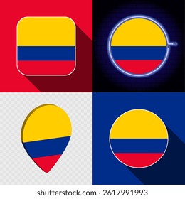 Set of modern icons with the national flag of Colombia.