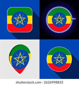 Set of modern icons with the national flag of Ethiopia.