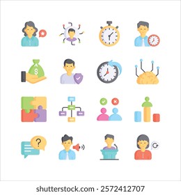 A set of modern icons representing various aspects of business management, including teamwork