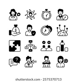 A set of modern icons representing various aspects of business management, including teamwork