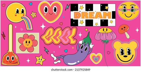 Conjunto de iconos modernos. Ilustración de material vectorial. Emoticonos ácidos. alucinaciones. Pegatinas. Fondo rosa. Insignias. Caricatura