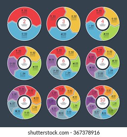 Set of modern infographic circle templates. Vector concept banners with 2, 3, 4, 5, 6, 7, 8, 9, 10 options, steps, parts. Can be used for graph, report, presentation, diagram, chart, web design