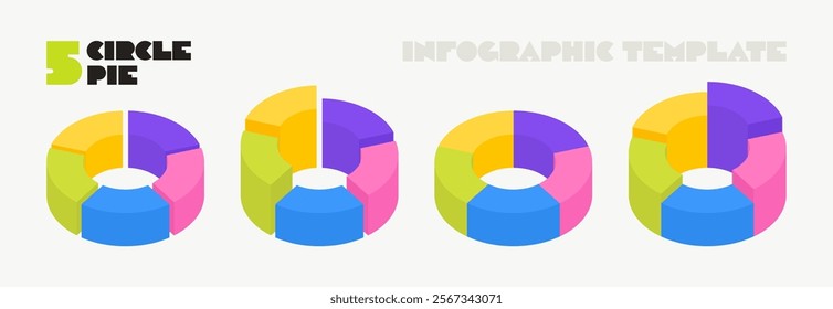 Set of modern infographic with isometric circles consisting of five segment. Design for data visualisation, presentations, business reports and infographic templates. Vector illustration