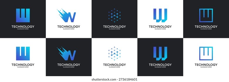 Set of modern initial letter W tech logo. Abstract icon for technology, internet, digital.