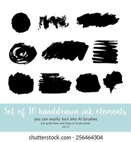 Set of modern ink grunge brush strokes. Textures, lines, splashes, dots.