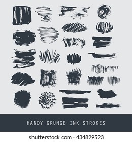 Set of modern ink grunge brush strokes. Textures, lines, splashes, dots.