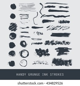 Set of modern ink grunge brush strokes. Textures, lines, splashes, dots.