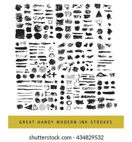Set of modern ink grunge brush strokes. Textures, lines, splashes, dots.